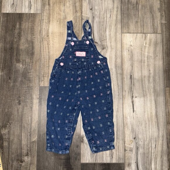 Vintage Liberty 100% Cotton Blue Denim Ribbon Bows Overalls Sz 18M - Picture 1 of 8